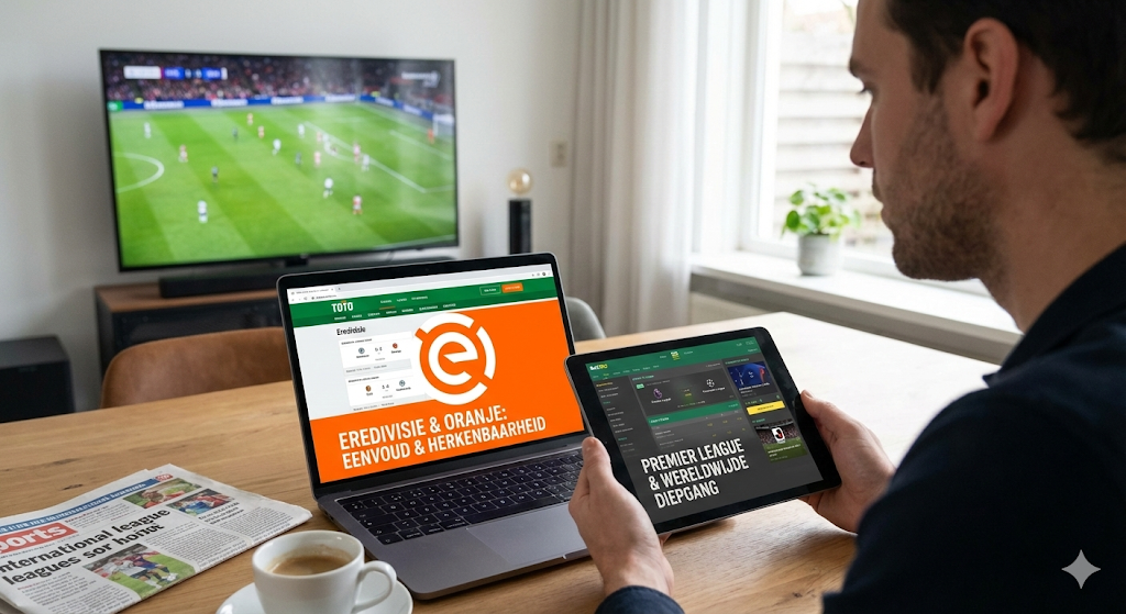Speler wedt op sport via legale online bookmakers in Nederland, met TOTO voor Nederlands voetbal en Eredivisie en een andere bookmaker voor Premier League, voorbeeld van online weddenschappen en live wedden met beste odds onder toezicht van de Nederlandse Kansspelautoriteit sinds de legalisering in 2021.