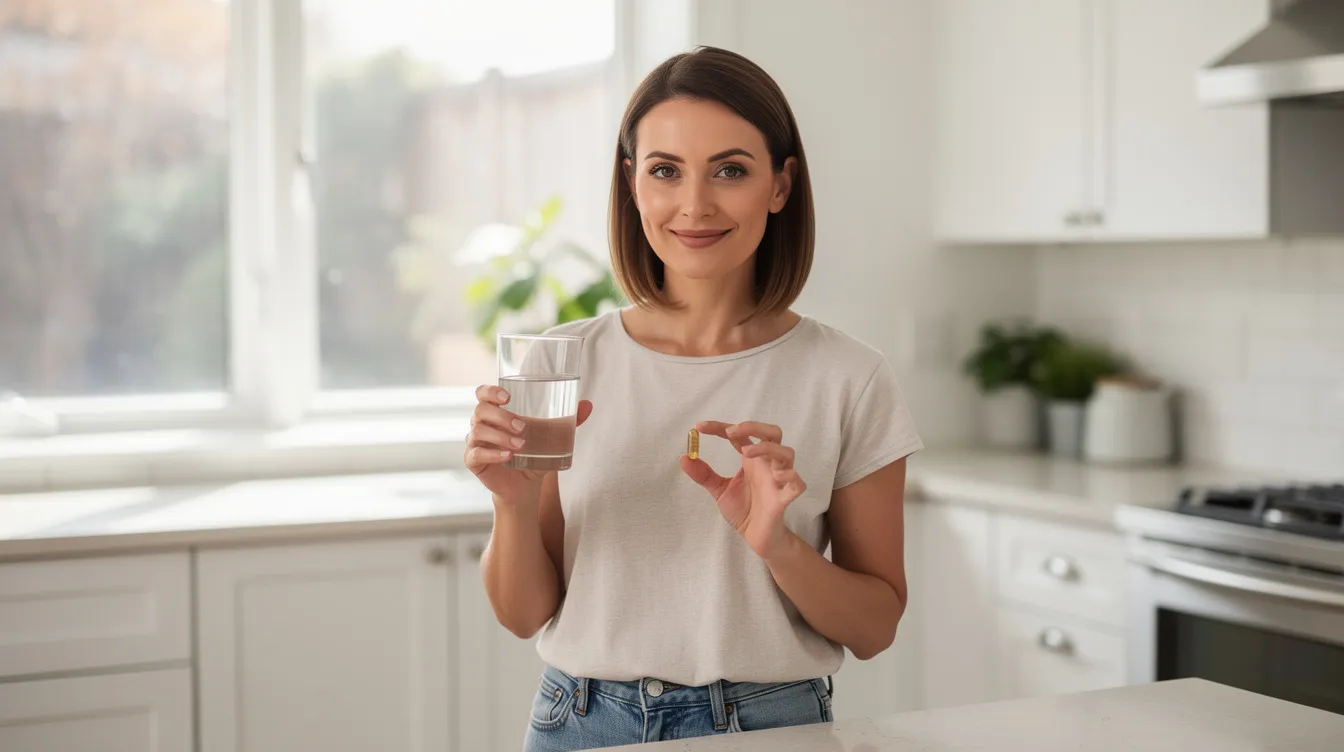 A woman in her thirties is standing in a bright kitchen, holding a glass of water in one hand and a supplement capsule in the other, emphasizing her commitment to health and wellness. This scene highlights the importance of dietary supplements, such as mushroom extracts, in supporting immune function and overall well-being.