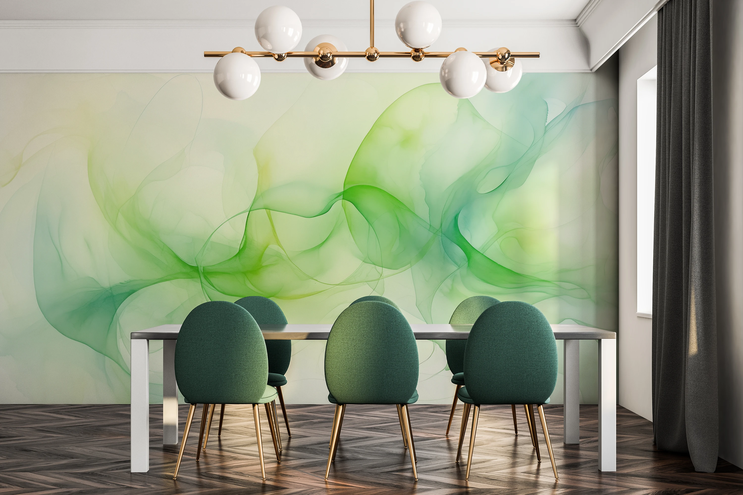 An abstract pattern resembling light, organic forms in vivid shades of green, perfect for relaxation spaces or creative studios.