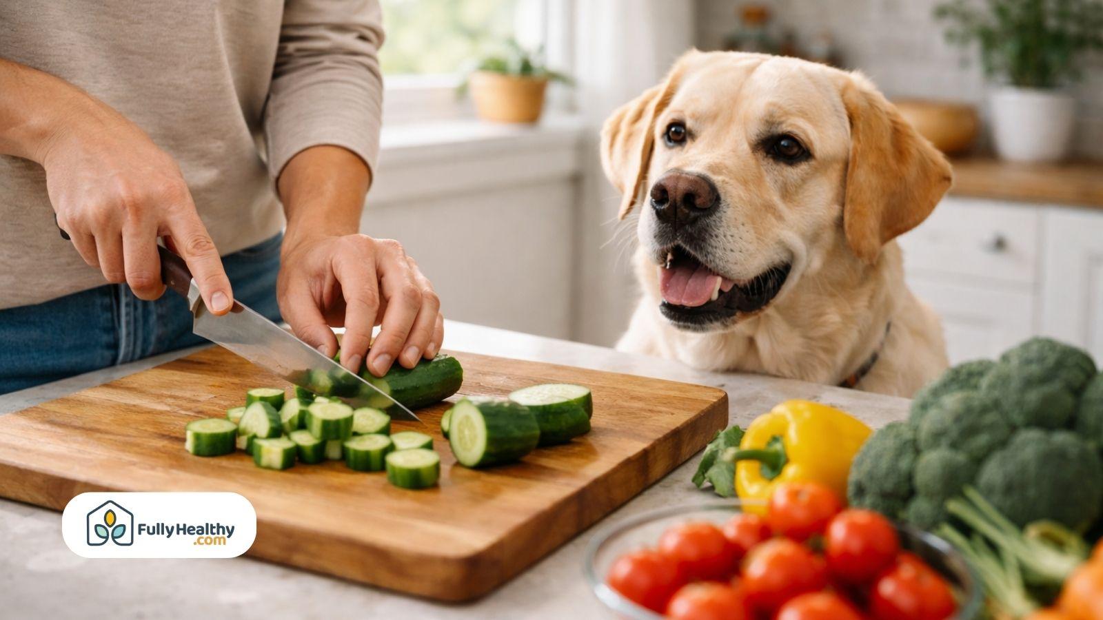 Dog watching owner slice fresh cucumbers on cutting board in bright kitchen