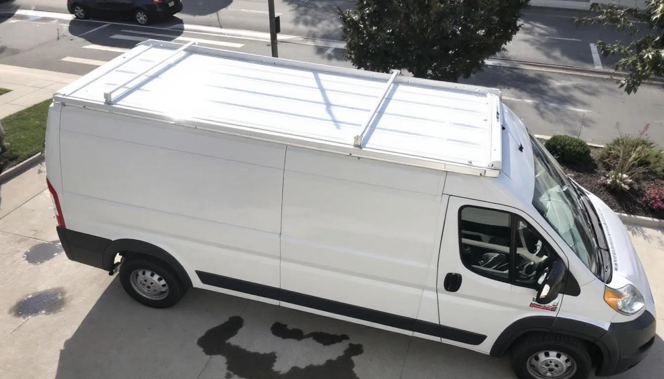 A commercial van is parked, showcasing its rain gutters, which are ready for the installation of a roof rack gutter mount. The vehicle is equipped with load bars, indicating preparation for transporting accessories or cargo.