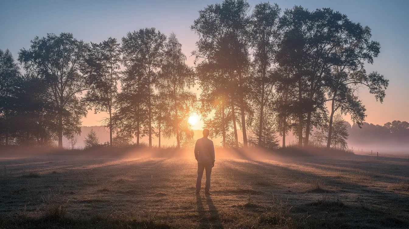 A person stands outdoors in the early morning, bathed in bright morning light as the sun rises over the trees, signaling the start of a new day. The natural light enhances their energy levels and positively influences their circadian rhythms.