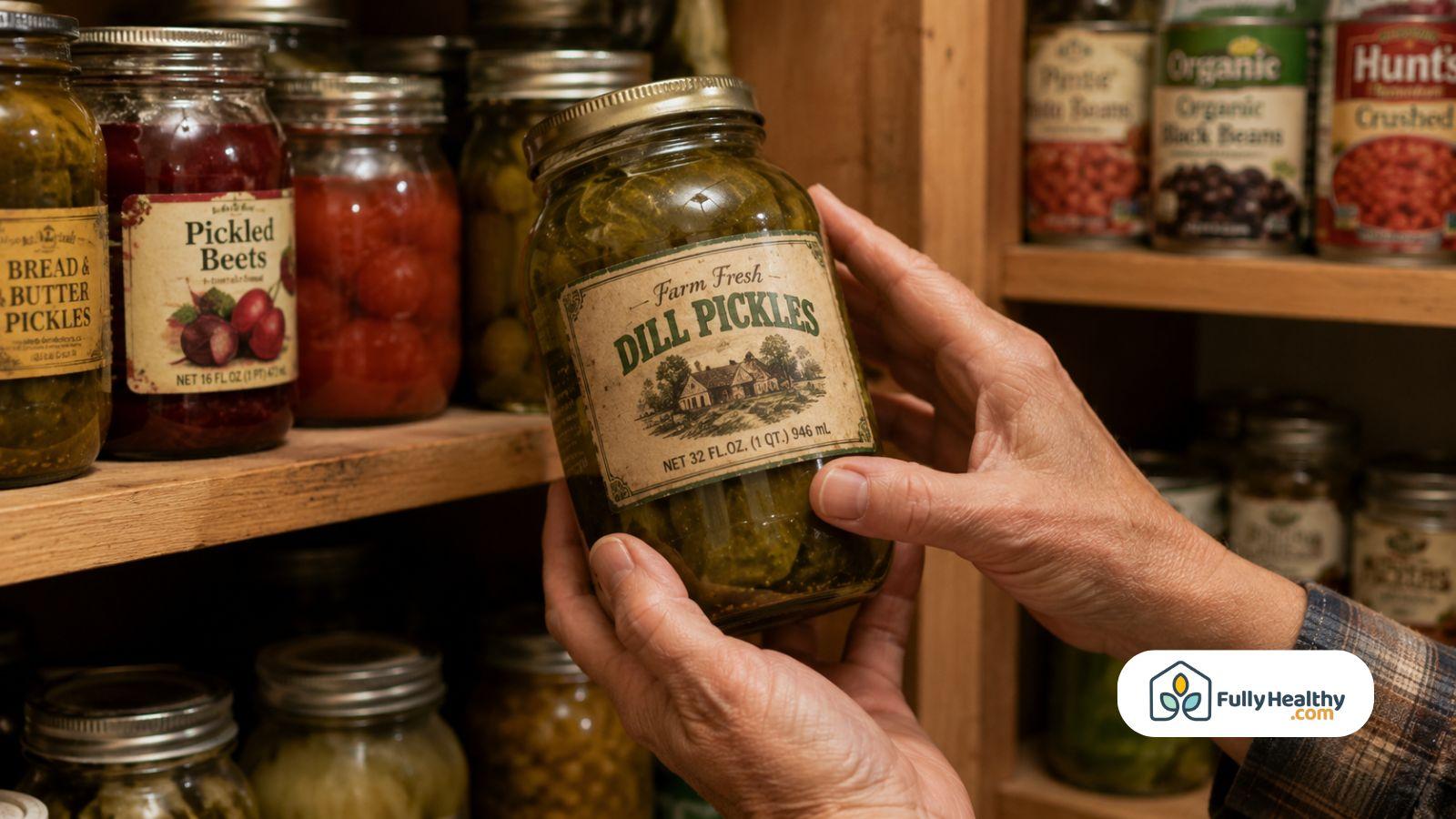 Hands checking unopened dill pickle jar stored on organized pantry shelves carefully