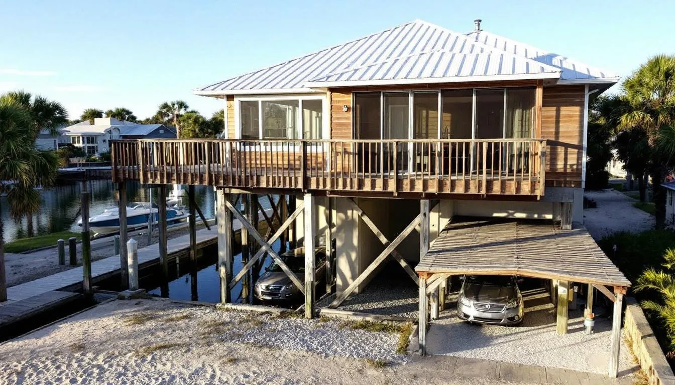 The image depicts a charming stilted waterfront home typical of Pine Island coastal architecture, featuring a boat dock and covered parking, perfect for nature lovers and those seeking a slice of paradise in Florida. This property is ideal for fishing enthusiasts and is located in a small town, making it a great listing for anyone exploring homes for sale in the area.