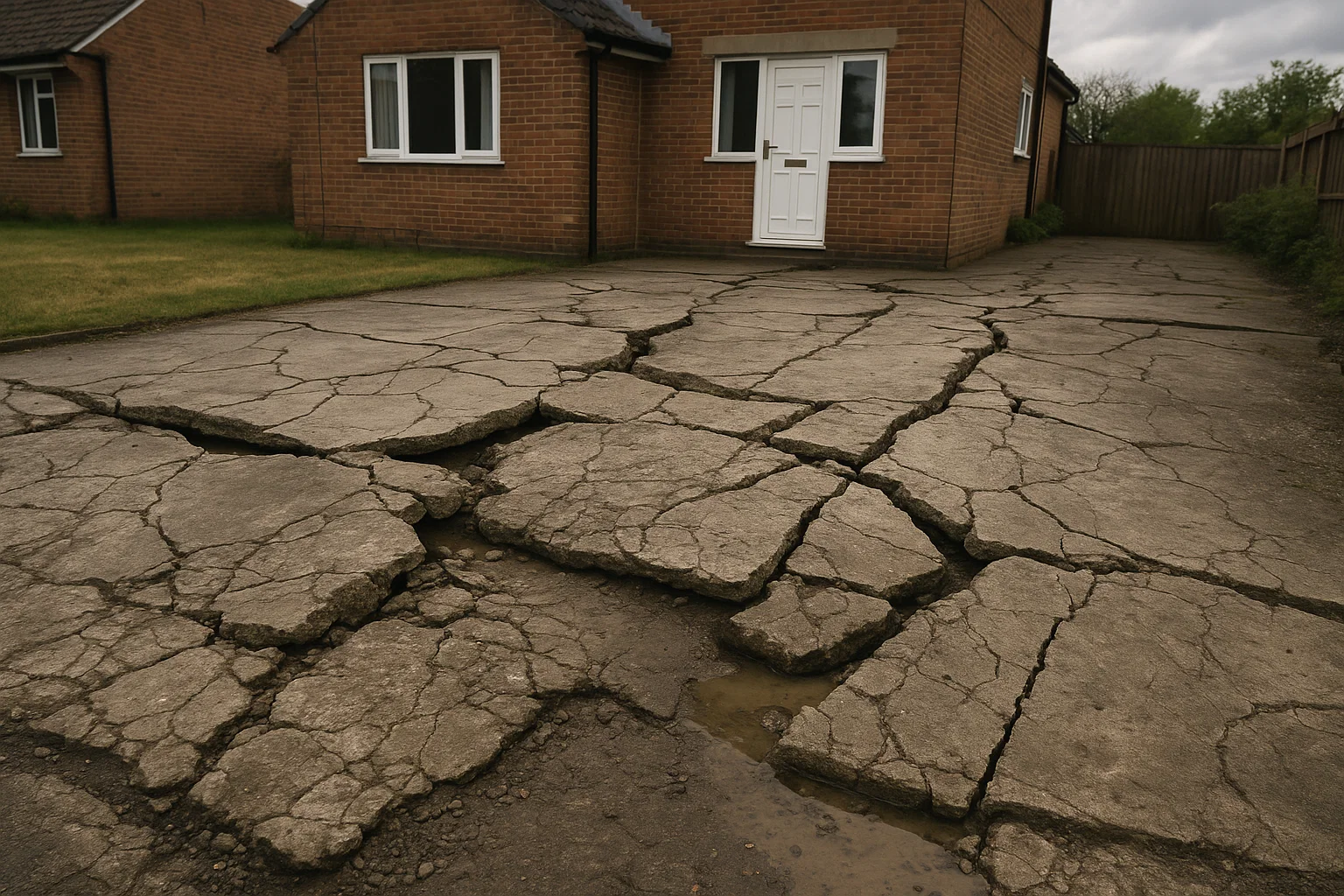 A damaged concrete driveway with deep cracks and sinking sections showing when replacement is needed.