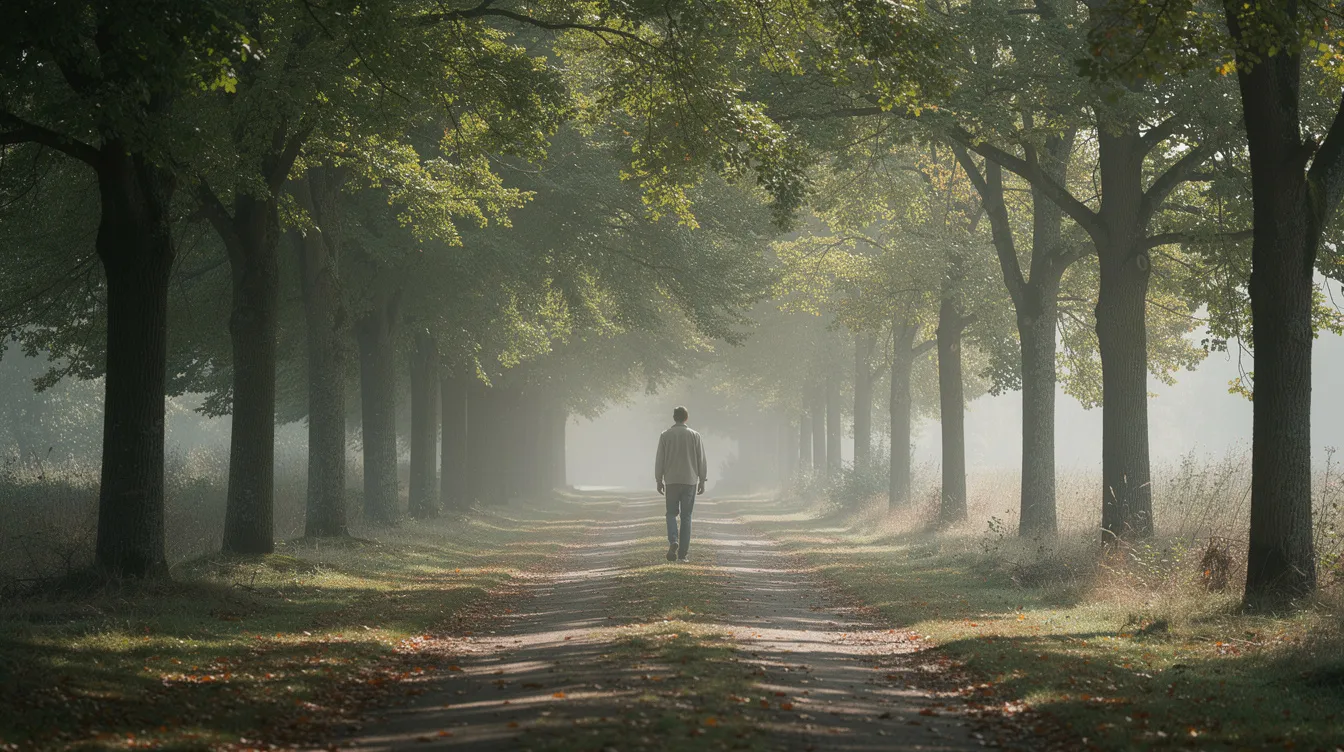 A solitary figure walks along a serene, tree-lined path, embodying a moment of reflection and self-discovery in a supportive space. This scene captures the essence of navigating one's identity and coping strategies in the face of external expectations and cultural norms.