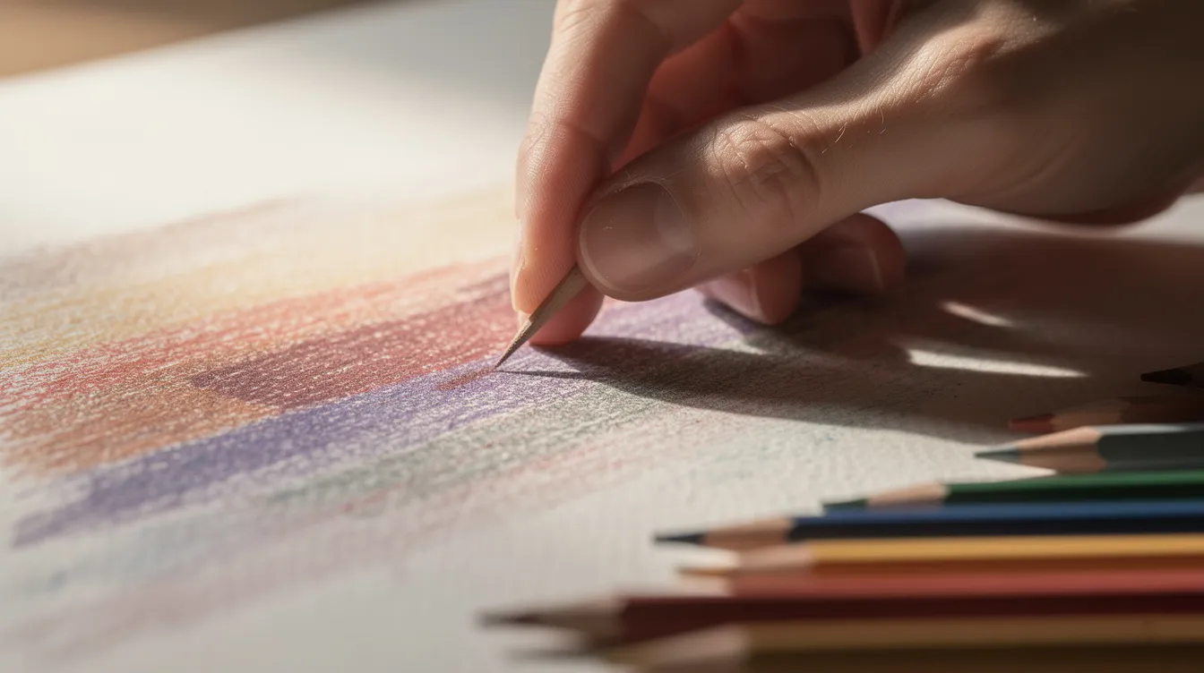 A close-up image captures an artist's hand skillfully blending vibrant strokes of holbein colored pencils on textured drawing paper, showcasing the smooth layering and exceptional quality of the pigments. The hand demonstrates a delicate touch, highlighting the artist's pride in using these oil-based colored pencils for their artwork.