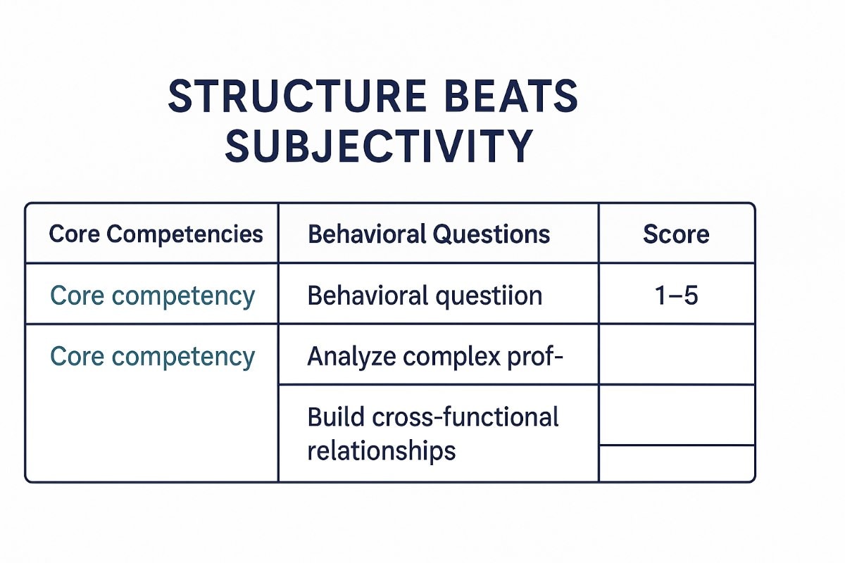 An interview scorecard graphic titled “Structure Beats Subjectivity” displays a table with four columns: Core Competencies, Behavioral Questions, Score (1–5), and Notes. Sample rows show competencies matched with behavior-based prompts and scoring criteria. The layout is clean and professional, using navy and teal accents on a white background to reflect consistency and objectivity in candidate evaluation.