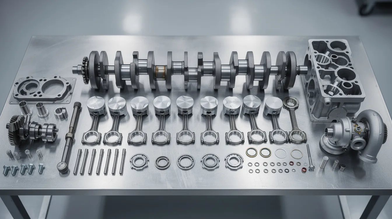 The image shows various heavy equipment engine parts, including components of a Kubota D1703 engine, neatly arranged on a clean workbench, highlighting the intricate details and specifications of industrial machinery. The parts reflect the power and precision required for construction and excavation applications.