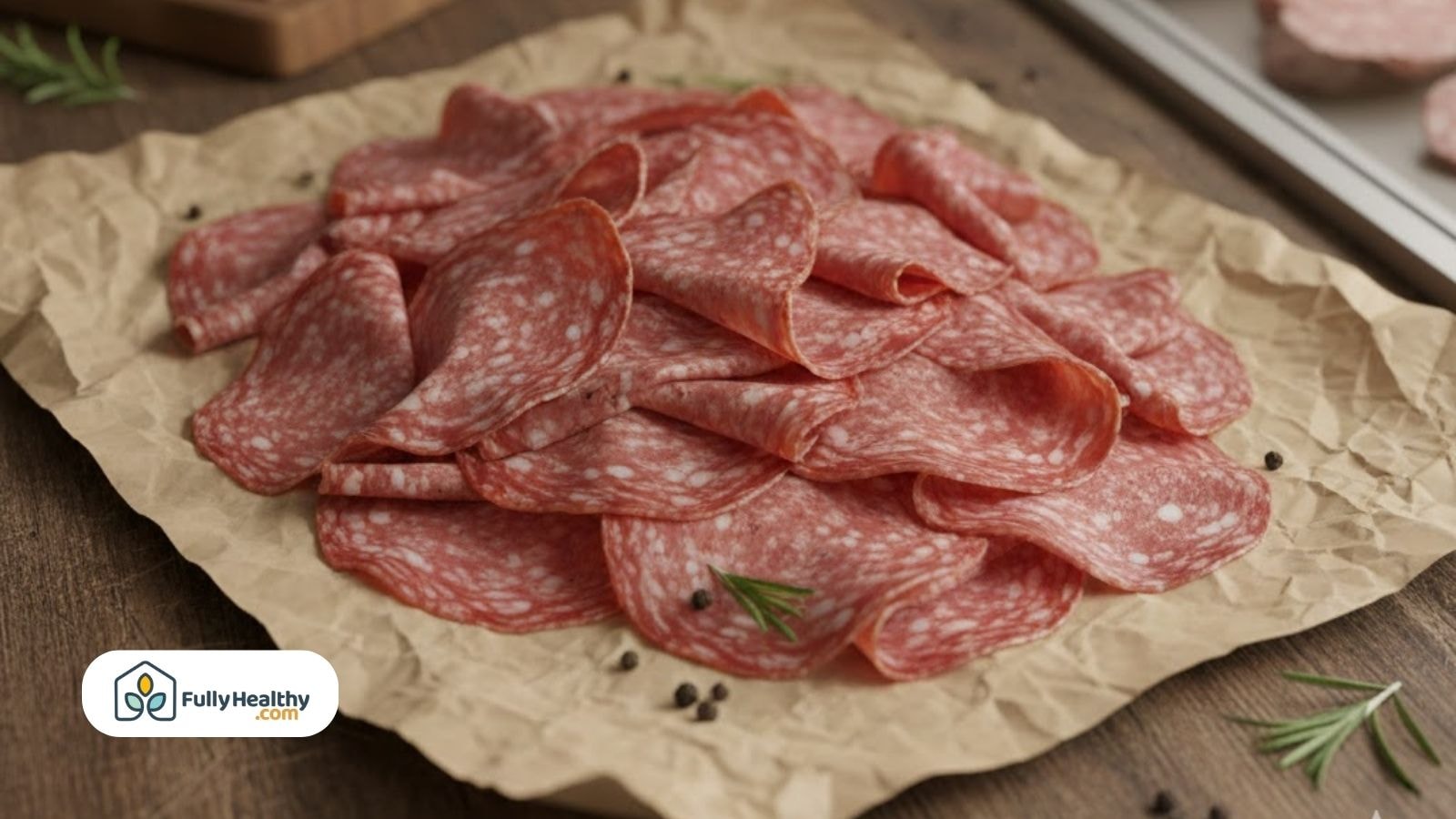 Thinly sliced small salami layered on parchment paper.