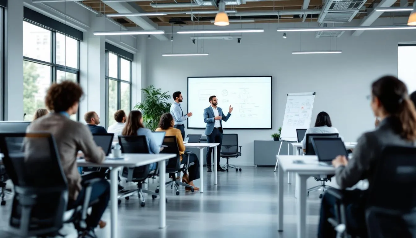 In a modern office environment, diverse employees are actively participating in leadership development programs, engaging in discussions and training activities that foster teamwork and enhance leadership skills. This positive work environment emphasizes employee engagement and professional development, contributing to organizational success and future business outcomes.
