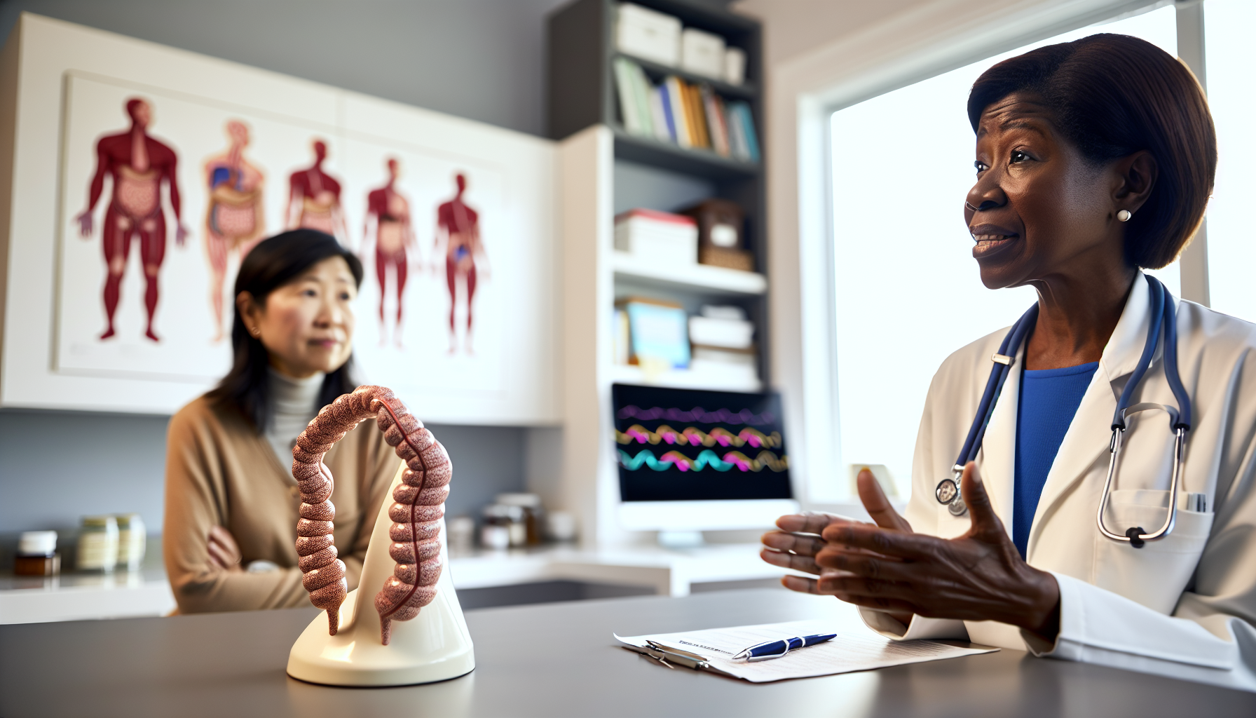 Doctor discussing colon cancer screenings with a woman