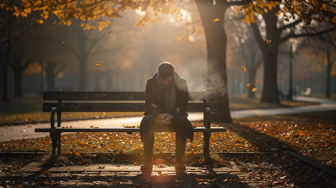 In einer dramatischen Filmszene sitzt ein Mann melancholisch auf einer Parkbank in einem herbstlichen Park, während warmes Gegenlicht die Umgebung erleuchtet. Die Stimmung erinnert an die besten Filme der 90er, die oft tiefgründige Emotionen und komplexe Charaktere zeigen.