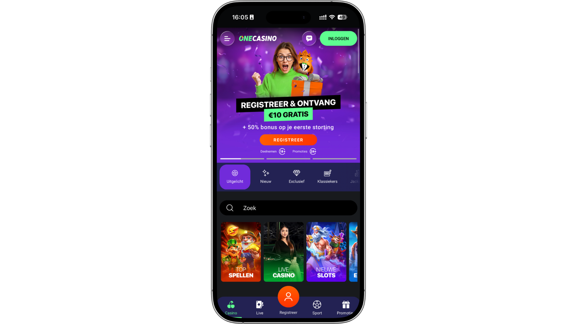 Mobiele weergave van de OneCasino app met een welkomstbonus van €10 gratis + 50% stortingsbonus, een registratieknop en categorieën zoals Top Spellen, Live Casino en Nieuwe Slots.