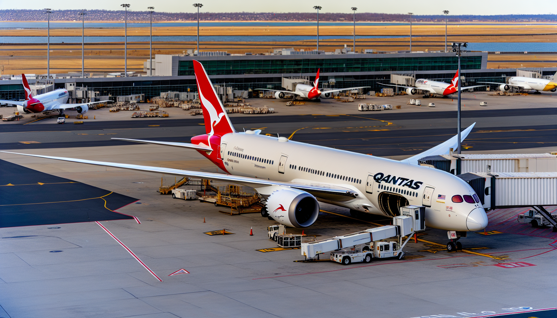 Qantas airplane at JFK airport terminal