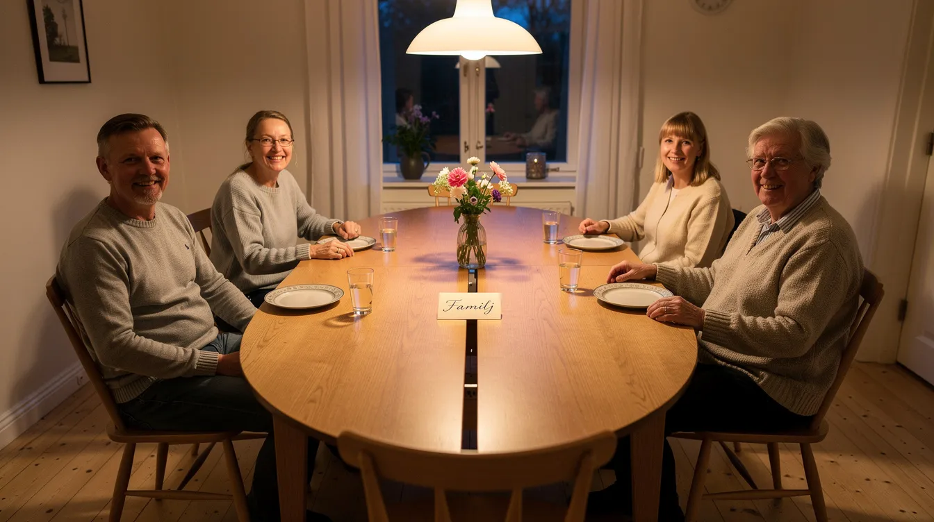 En familj sitter samlad runt ett utdraget runt matbord med iläggsskiva, där de njuter av en gemensam måltid. Bordet, tillverkat av massiv ek, ger en inbjudande och naturlig känsla i rummet.