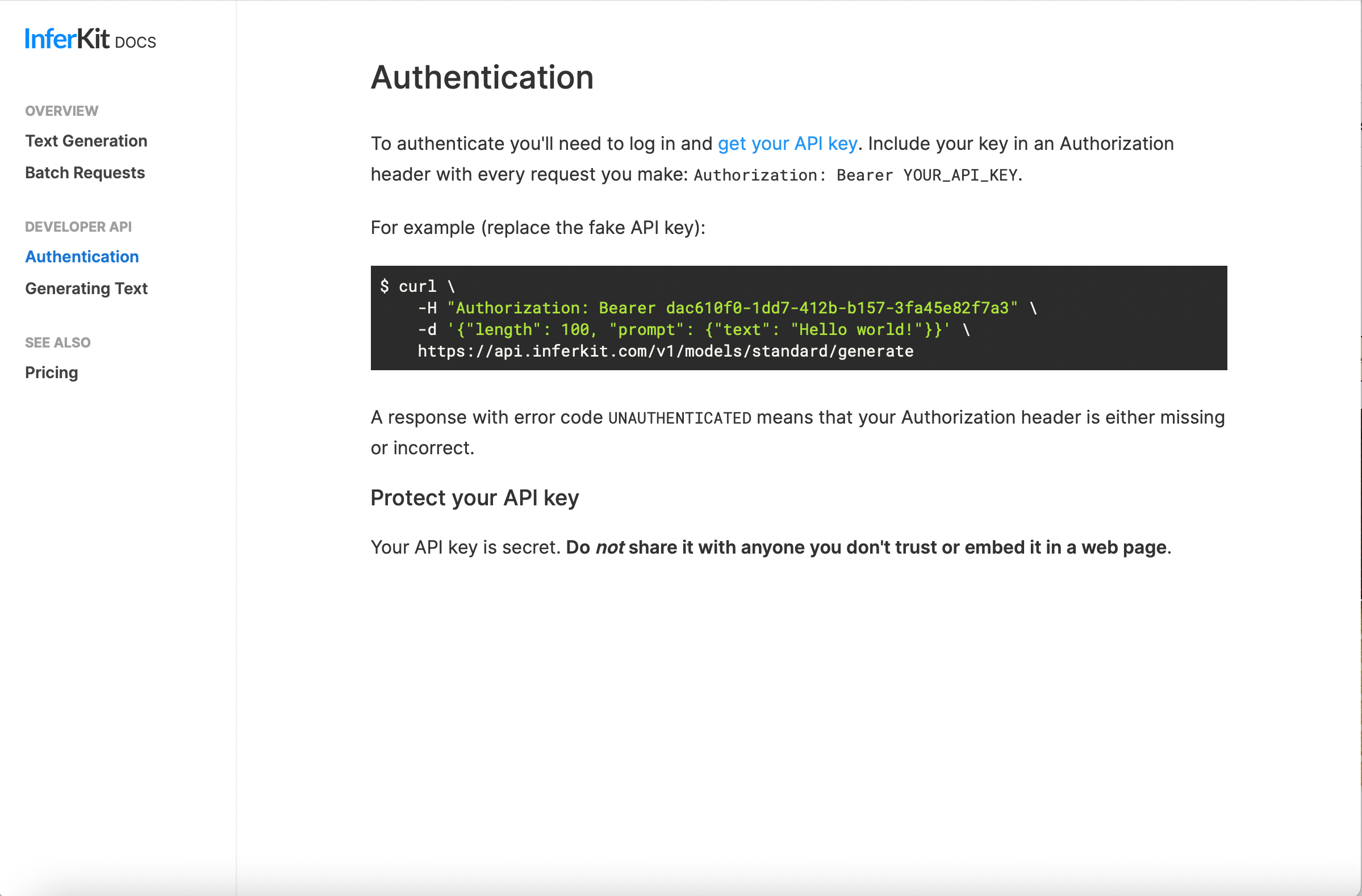 Inferkit API Authentication page