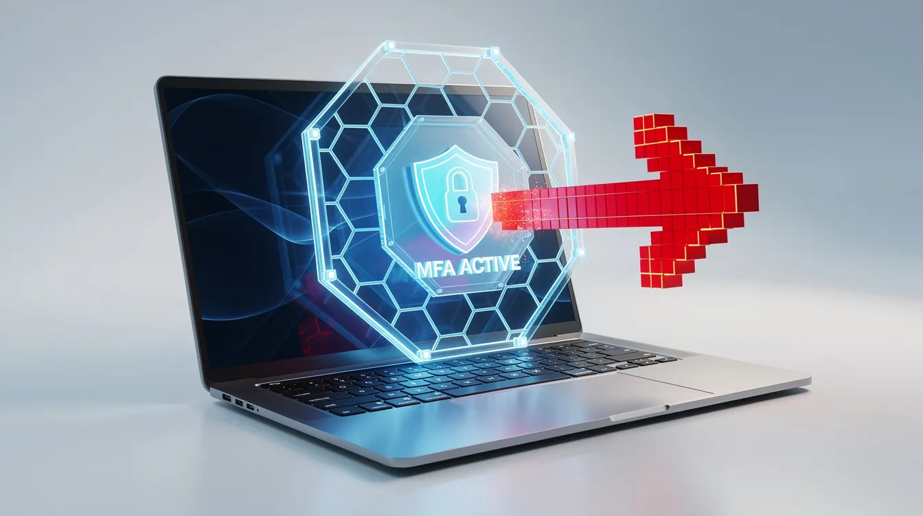 A 3D rendered graphic depicts a highly secure laptop with its screen locked, featuring a glowing blue hexagonal energy barrier above the keyboard that deflects a red pixelated arrow labeled 'malicious message.' The barrier prominently displays a shield icon and the text 'MFA ACTIVE,' emphasizing the importance of technical security measures against phishing attacks and identity theft.