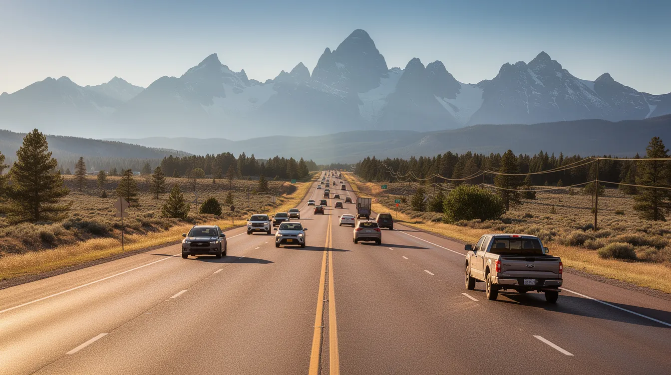 The image depicts a Colorado highway lined with vehicles traveling in both directions, leading towards majestic distant mountains. This scenic view captures the essence of Colorado's landscape, which can be important for those considering the implications of car accidents and personal injury cases on local roads.