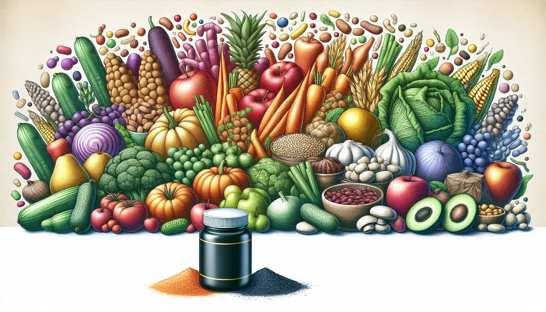 Een illustratie van een variëteit aan voedingsmiddelen, inclusief vegetarische opties