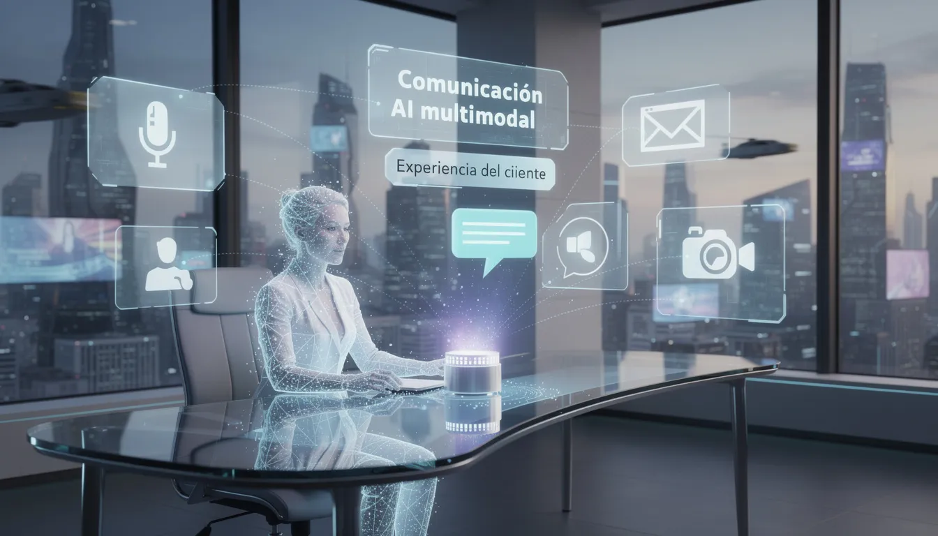 La imagen muestra una representación futurista de la comunicación entre una inteligencia artificial (IA) y un cliente, destacando cómo la IA mejora la experiencia del cliente a través de múltiples canales, como correo electrónico y redes sociales. Se visualizan interacciones en tiempo real que optimizan la atención y personalización de servicios en un entorno empresarial.