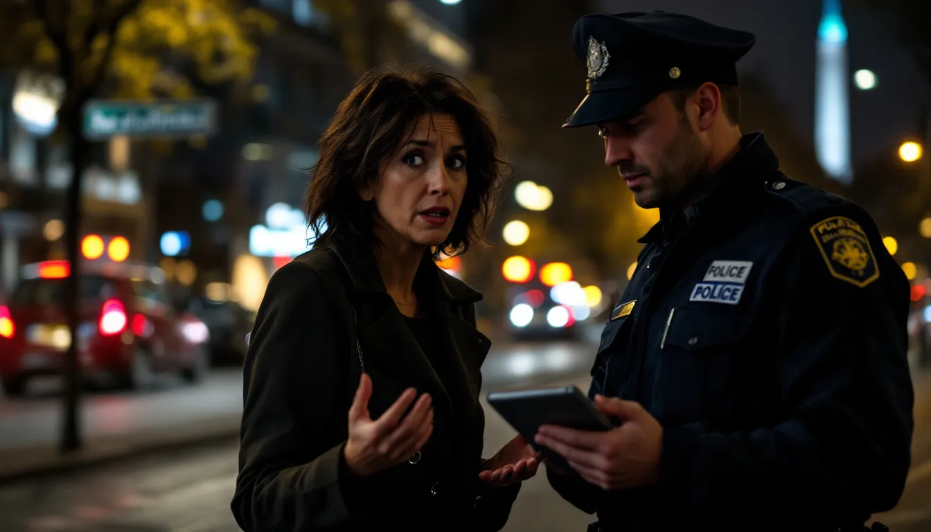 A person looking concerned while talking to a police officer after a car accident.