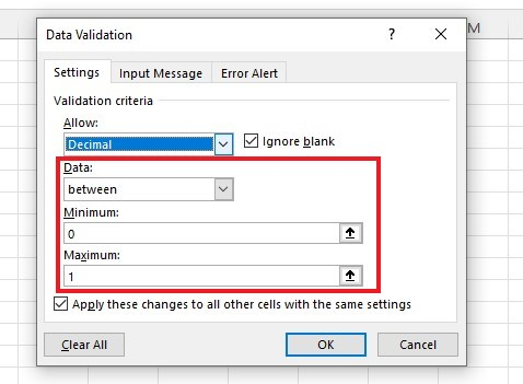 Enter the conditions in the data validation dialog box. Set the minimum and maximum values.