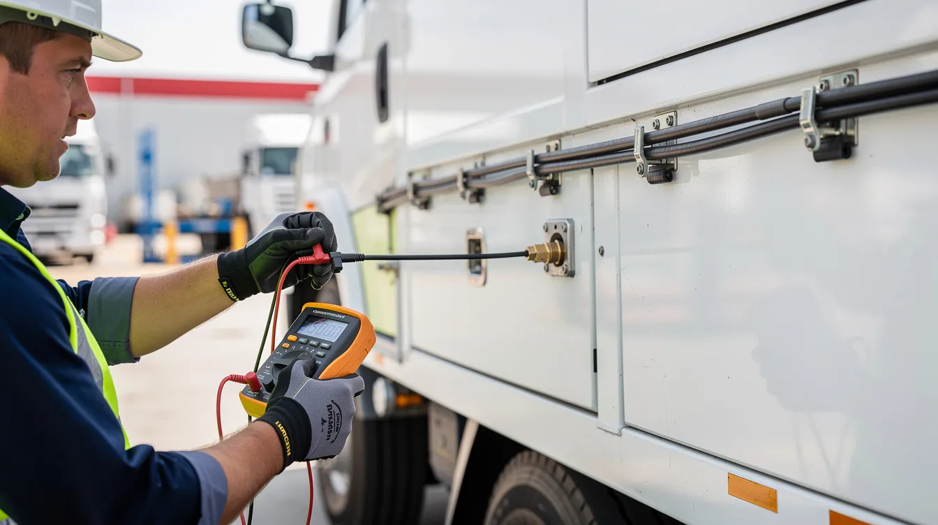how to fix MDVR camera signal issues: A technician is using a multimeter to test the coaxial cable continuity on a commercial vehicle, ensuring proper connections for the security camera system. This process helps to troubleshoot common problems related to video signal and ensures reliable video footage from the security cameras.