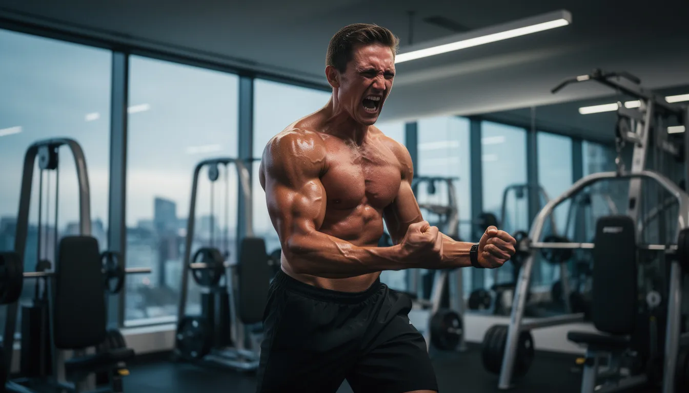 A man is intensely working out in a modern gym, wearing an American Crest hoodie, as he focuses on building muscle and improving his performance. The environment is filled with high-quality gym equipment, emphasizing a commitment to health and wellness.
