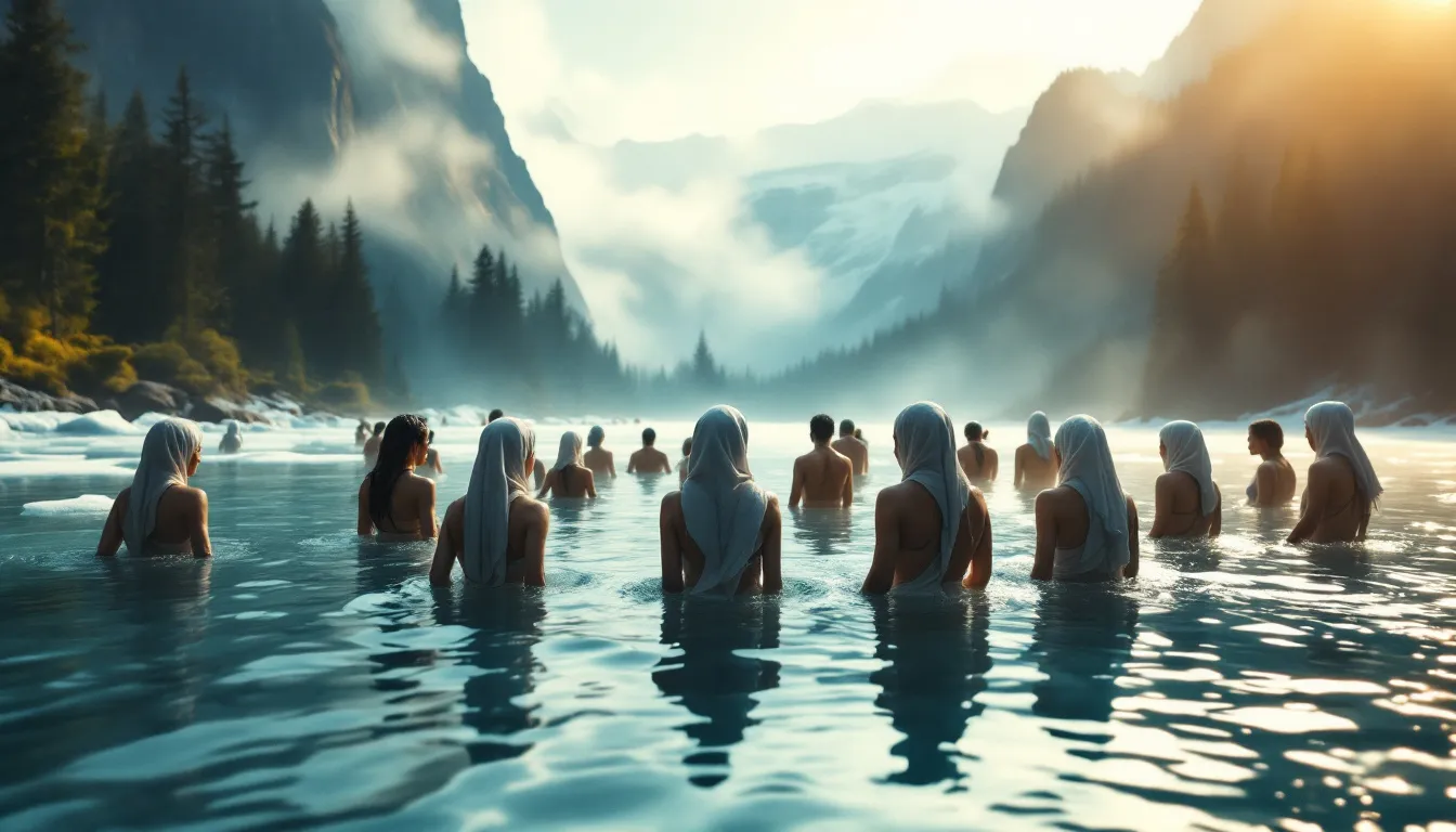 Asian traditions of spiritual cold water immersion, featuring a serene cold water setting.