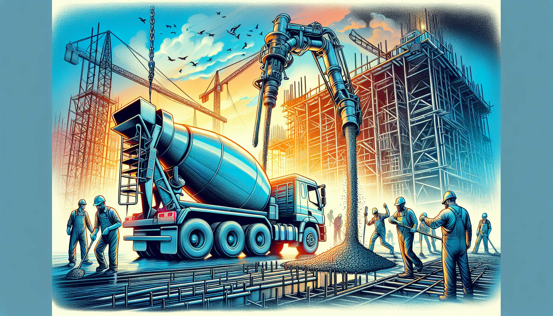 An illustration showing a concrete mixer truck supplying concrete to a pump.