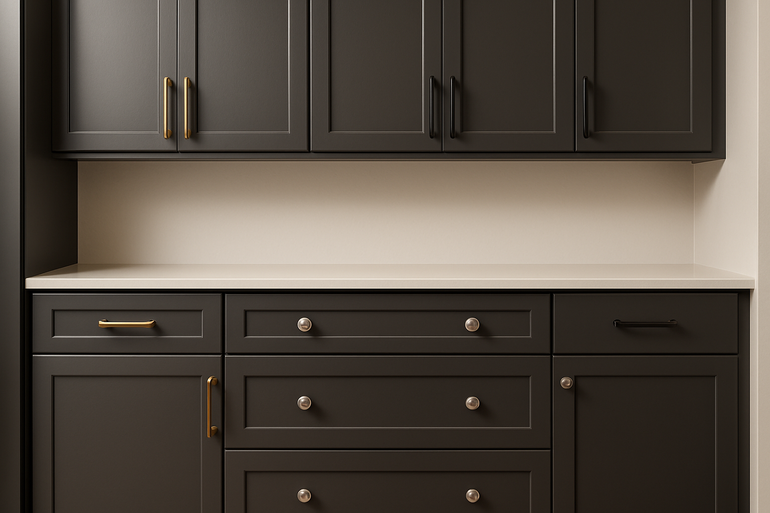 Kitchen cabinets painted in Sherwin Williams Iron Ore showcasing the rich gray color with subtle undertones, complemented by various hardware finishes including brass, matte black, and polished nickel. The image highlights the depth and elegance of the cabinetry, perfect for modern interior designs.