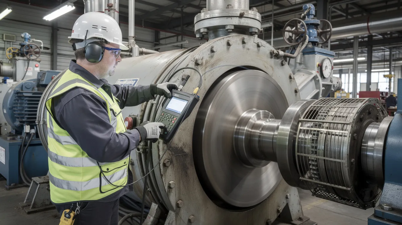 An engineer wearing safety equipment is using a handheld vibration analysis instrument to assess the air compressor and its internal components for vibration issues on industrial rotating machinery. The analysis aims to identify potential performance issues related to loose mounting bolts or other factors that could affect the smooth operation of the compressed air system.