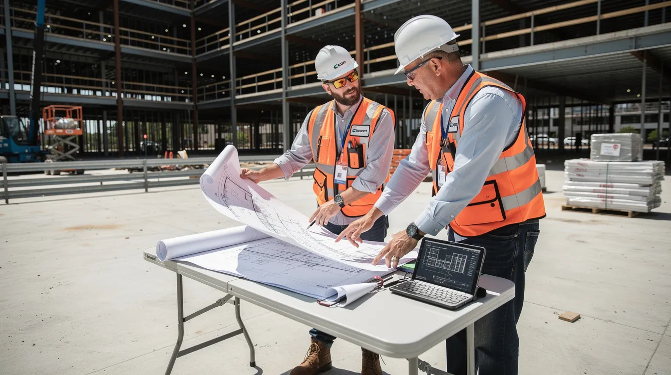 A construction project manager and superintendent review blueprints together on a commercial construction site with steel framing in the background.