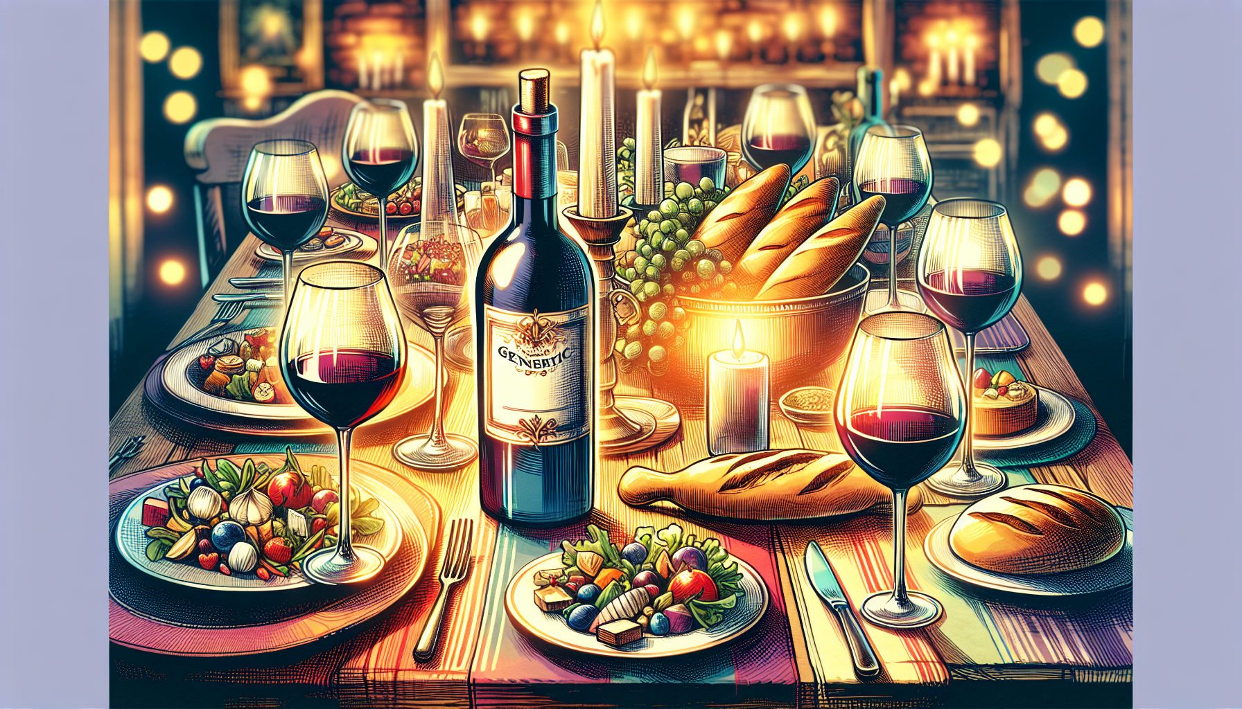 An illustration showing food pairings with 19 Crimes Wine, enhancing the dining experience.