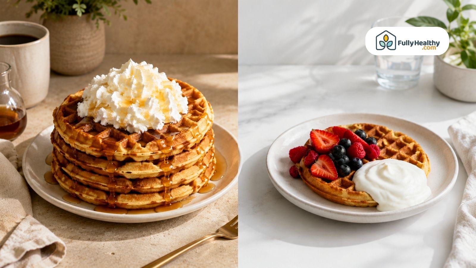 Traditional waffles topped with whipped cream and maple syrup beside healthier fruit waffles.