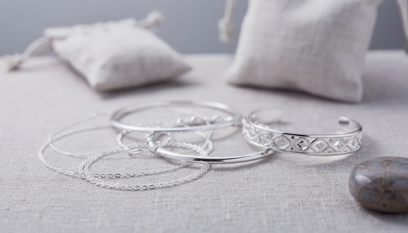 The image showcases a collection of elegant handmade sterling silver bracelets, featuring a variety of designs including delicate chains and bold cuffs. Each piece is crafted with high-quality materials, ensuring durability and a perfect fit for any wrist.