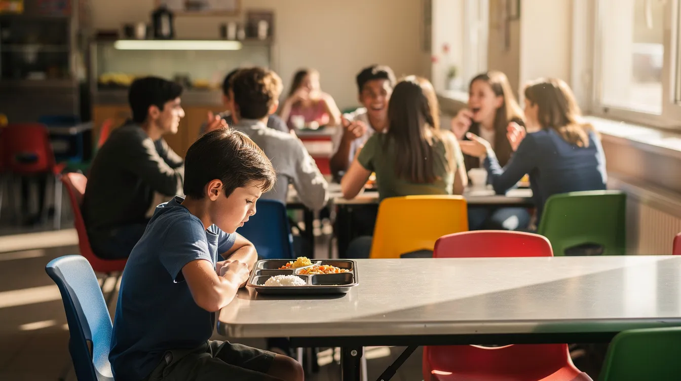 A child sits alone on a school canteen bench, looking withdrawn while other students engage in lively conversations nearby. This scene highlights the challenges some younger children face in a school environment, where feelings of anxiety and social pressure can lead to avoidance behaviors and significant stress during school hours.