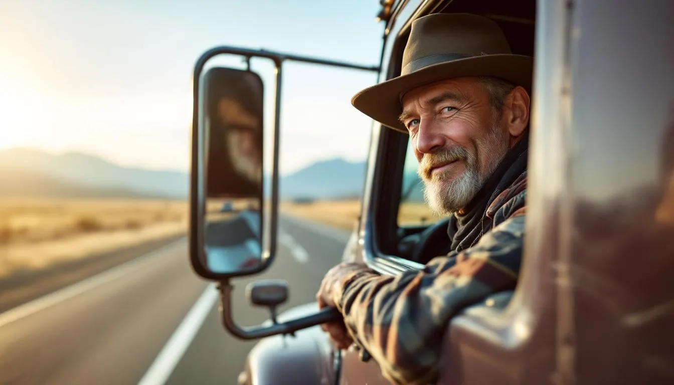 A commercial semi-truck is seen on the road from the opposite lane, with the owner-operator visible through the driver's side window. The driver, wearing a trucker hat, has his hands on the wheel, embodying the typical appearance of a truck driver, which is essential for owner operators considering commercial truck financing options.