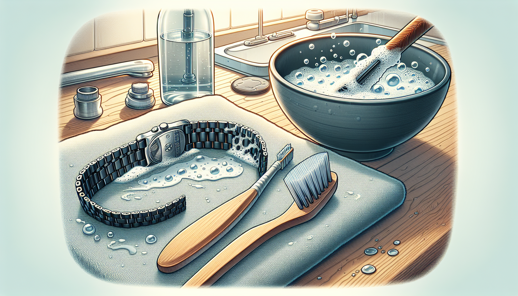 Illustration of cleaning rubber watch bands with soap and water