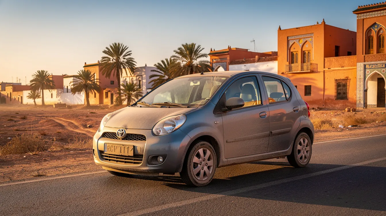 A small city car parked on a sunny roadside in Morocco.