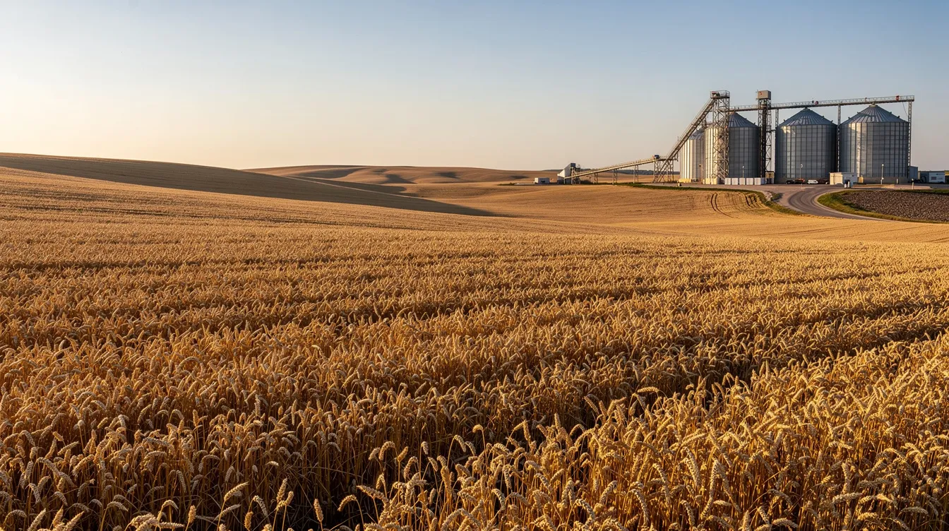 752eff17 2b48 499e ac19 877e1971afbc A wide view of golden wheat fields stretches across the landscape, with a large industrial grain silo complex visible in the background, symbolizing the processing of wheat into flour and other cereals. This scene highlights the agricultural foundation that supports the wheat milling industry and its role in food production.