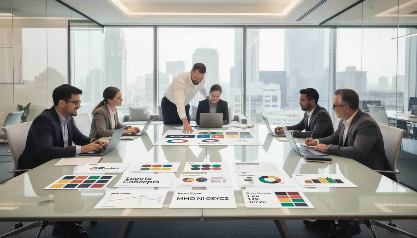 A diverse team collaborates around a conference table, engaging with laptops and brand presentation materials that emphasize health and wellness branding. They are focused on developing marketing strategies that enhance their brand identity and foster emotional connections with customers in the wellness industry.