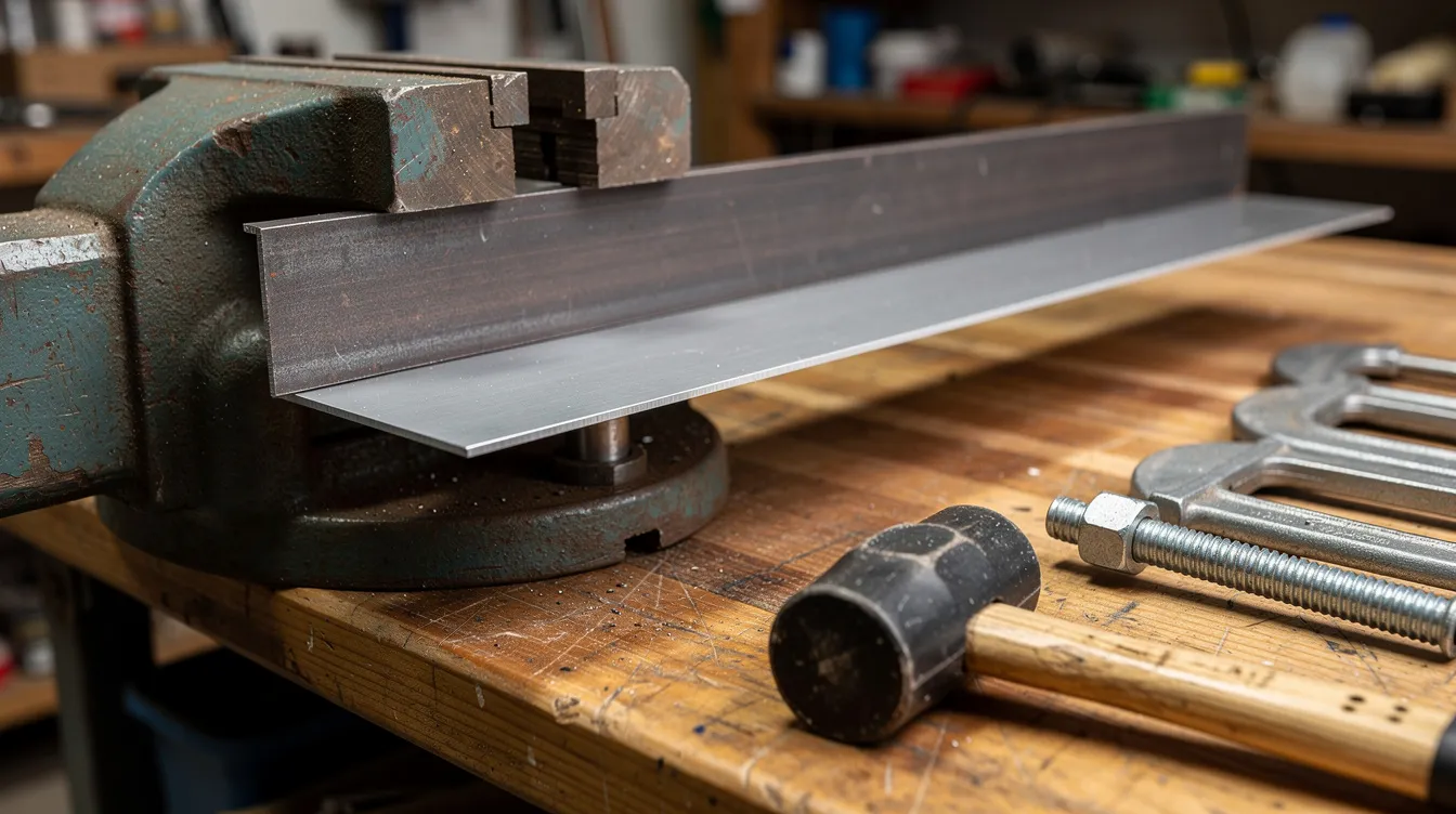 The image depicts a workshop bench featuring a sturdy metal vise, with two pieces of angle iron securely clamping a thin aluminum sheet on a wooden surface. Nearby, a rubber mallet and several C-clamps are visible, indicating tools commonly used in the sheet metal bending process.
