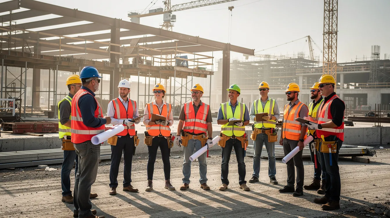 A group of construction workers is gathered for a safety meeting on a commercial job site, all wearing hard hats and high visibility vests. This scene highlights the importance of safety training and effective communication in the construction industry, aligning with the merit shop philosophy of prioritizing quality standards and workforce development.
