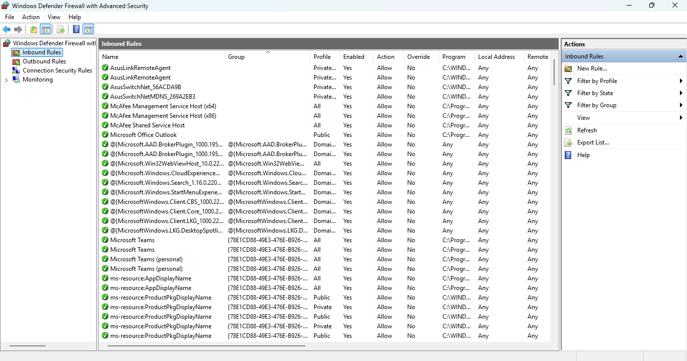 Windows Defender Firewall with Advanced Security showing the Inbound Rules section with the New Rule option in the Actions panel.
