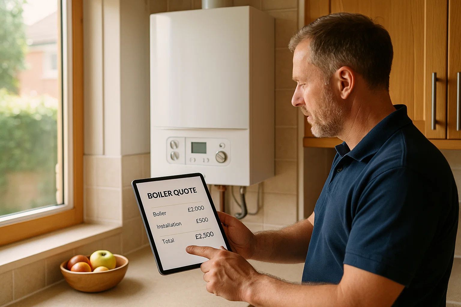 Heating engineer explaining the cost of a new boiler installation to a homeowner using a tablet.