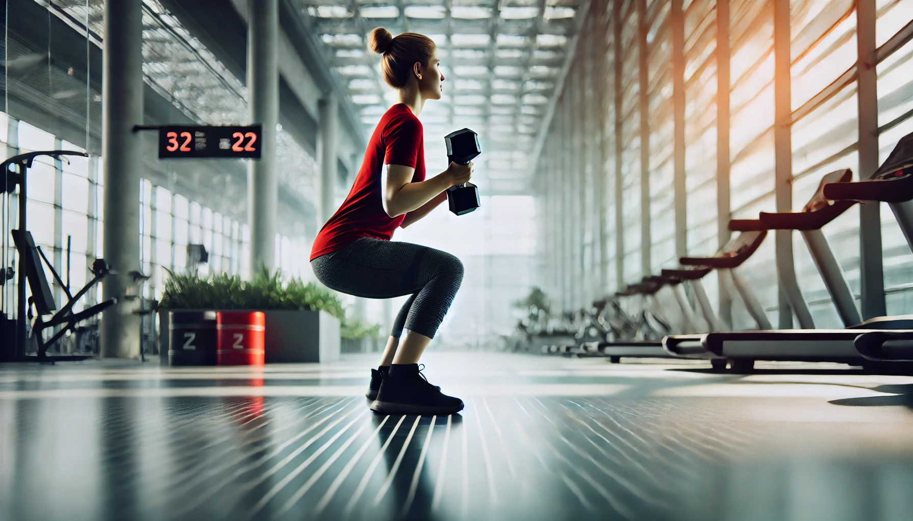 A woman performing squats with a dumbbell