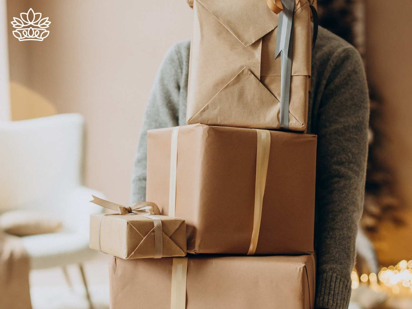 Person holding a collection of gender-neutral gift boxes, wrapped in tasteful beige paper, ideal for city dwellers looking to relax or enhance their skills, including wallets as gifts, from the Gender Neutral Gift Boxes Collection at Fabulous Flowers and Gifts