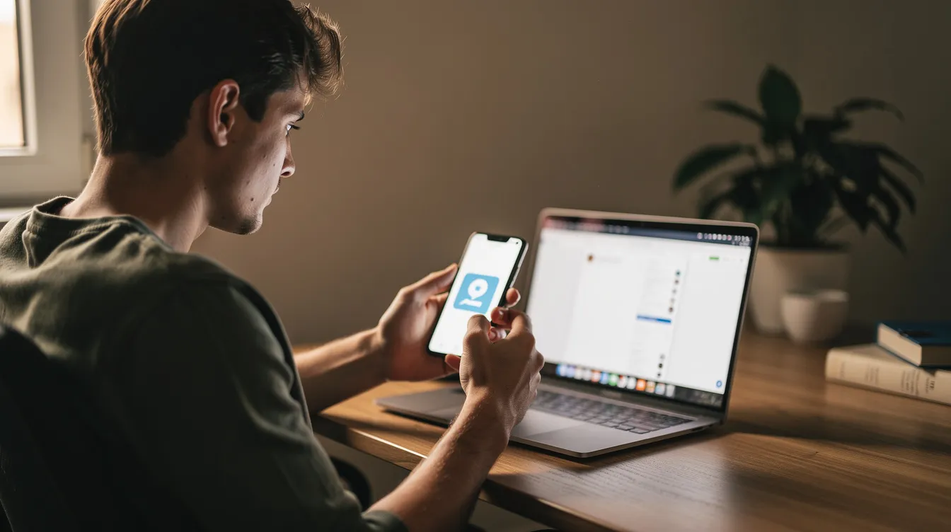 A person is sitting at a laptop, checking notifications on their smartphone, possibly related to online betting or payment methods. The scene captures the intersection of technology and modern betting, highlighting the convenience of fast withdrawal options available on various betting sites.